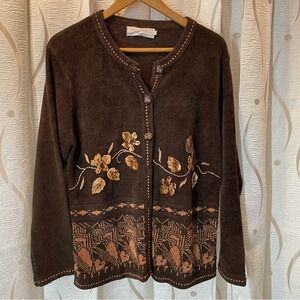 Unique Intl Floral Embroidered Cardigan Sweater Women's M/M Brown Button‎ Front